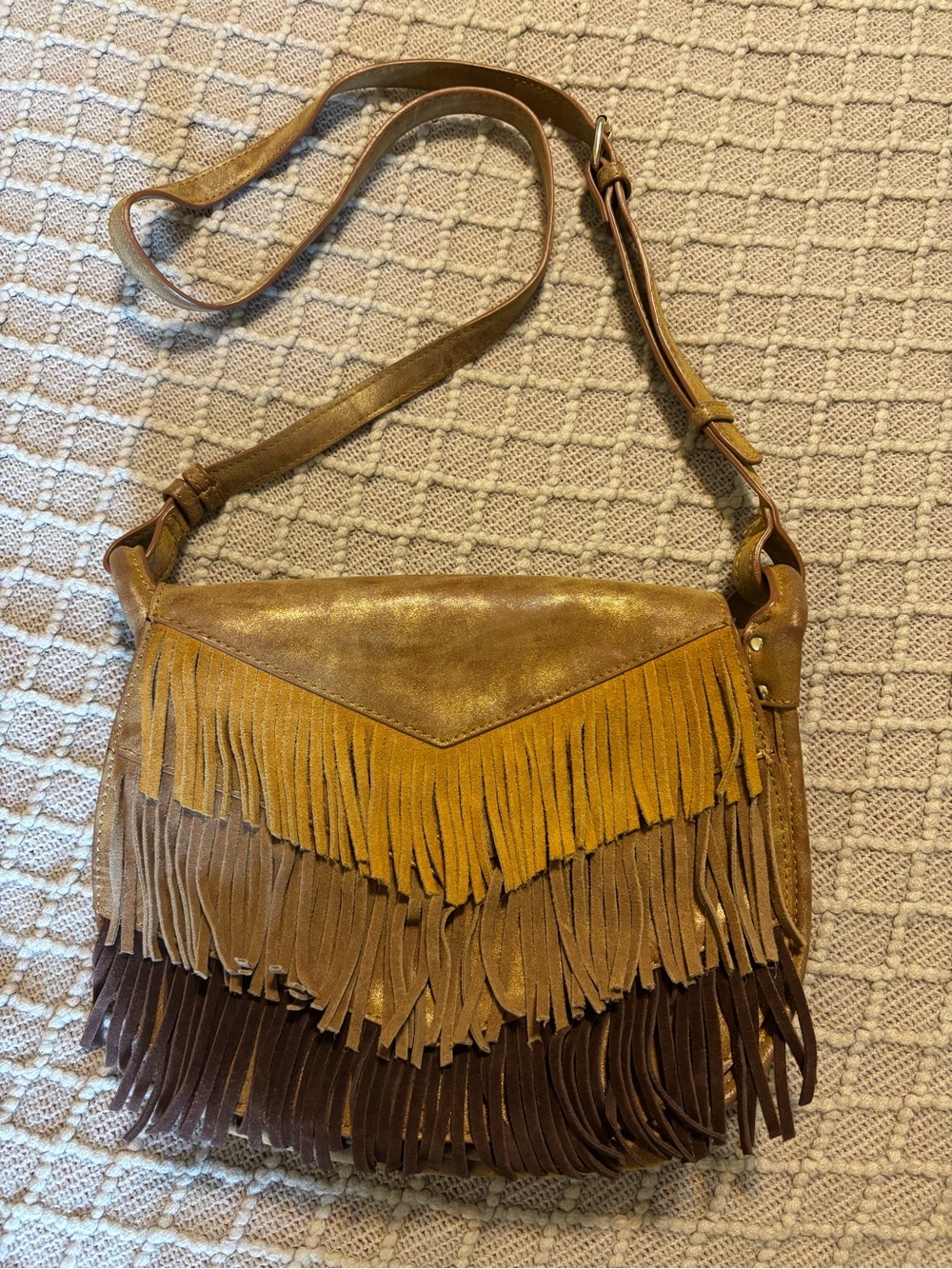 Steve Madden Western Fringe Leather Crossbody Shoulder Bag in Tan & Brown
